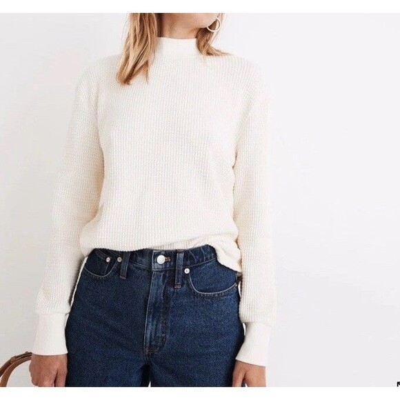 Madewell Mockneck Waffle Sweatshirt Tee Women Small Beige Long Sleeve NEW - Picture 3 of 15